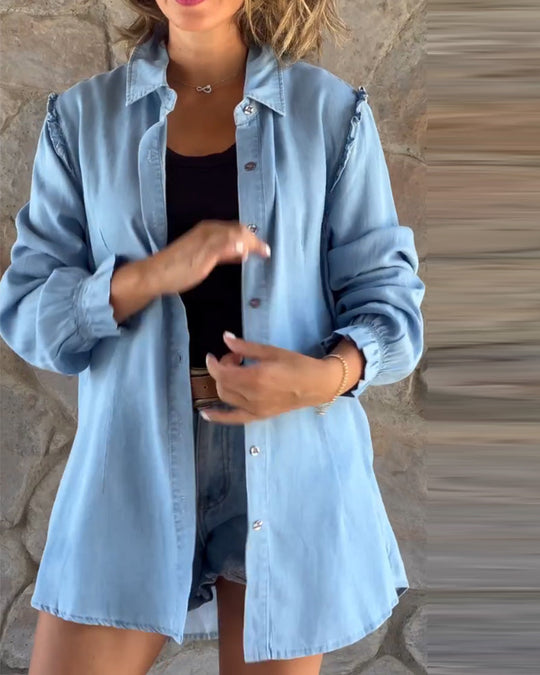 Shopnory | Lässige Lange Denim Hemd Baumwolle Komfortabel und Entspannt