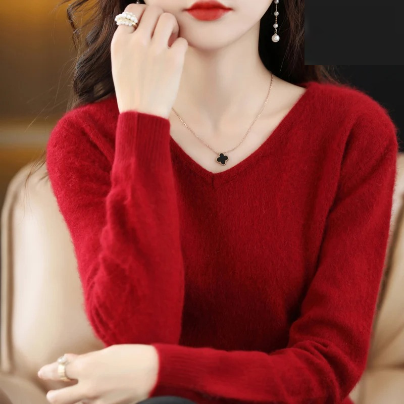 Pullover Damen V-ausschnitt Leichter und Weicher Strickpullover