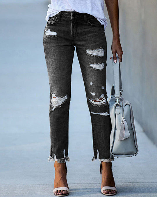 Damen Schicke Zerfledderte Jeans Denim