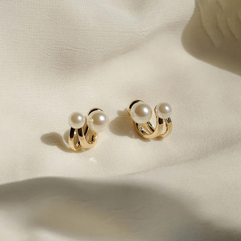 Damen Gold Doppelseitige Simulierte Perlen Doppelschicht0 Haken Stud Ohrringe | Shop Nory