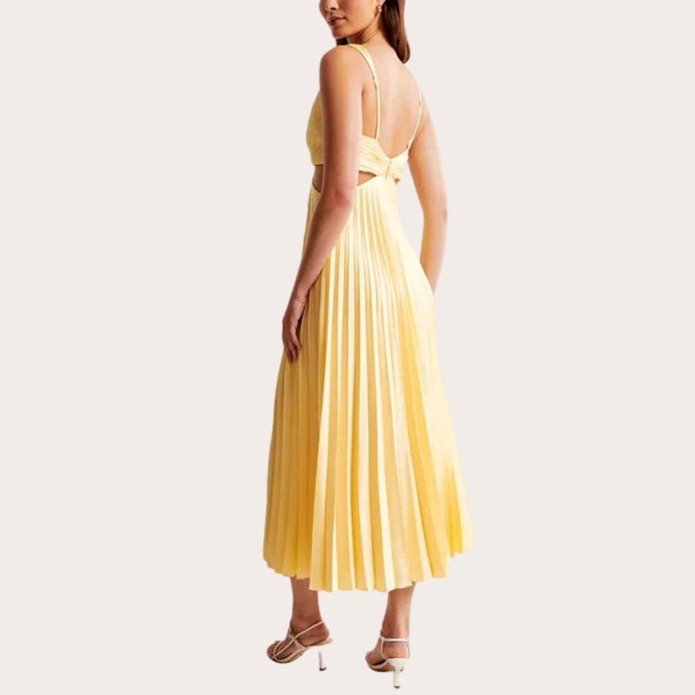 ShopNory | Midi Kleid Ärmellos V-Ausschnitt Twist Front & Cut Out Detail Plissierter Rock
