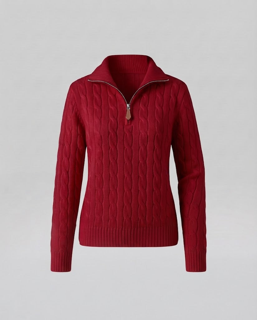 Damen Kabelstrick-Pullover mit halbem Reißverschluss und Stehkragen Shop Nory