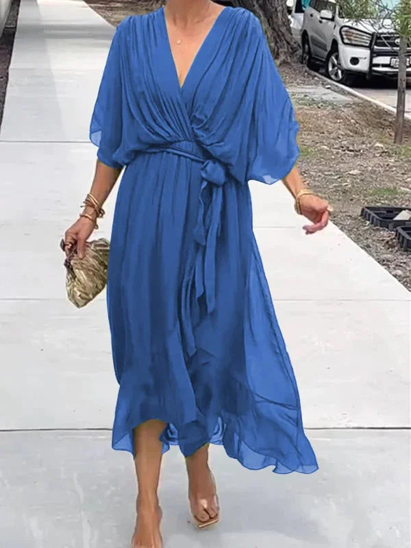 Damen Chiffonkleid Grün V-Ausschnitt Sommerkleid