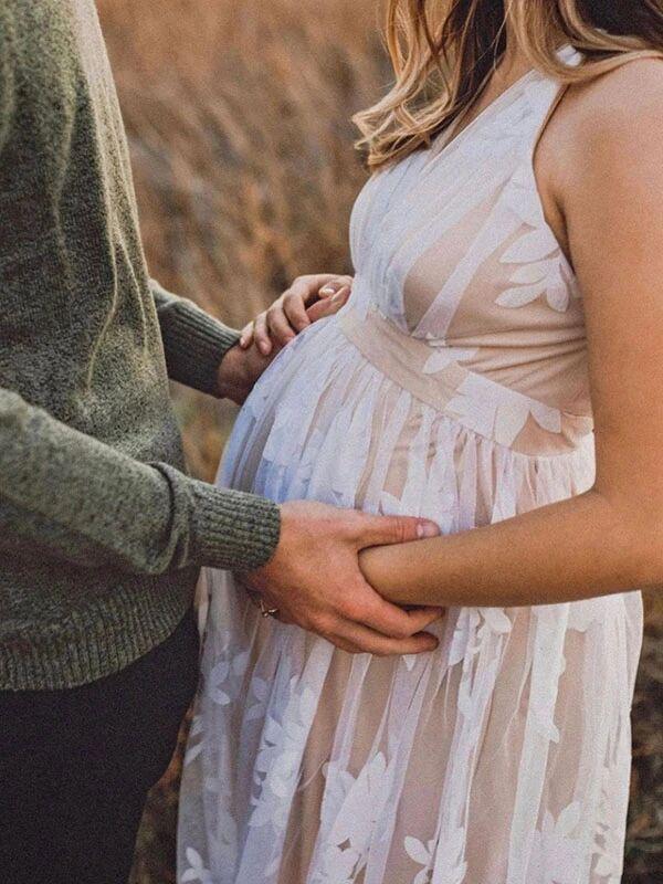 Fashion Fotoshooting-Kleider, Bohemian-Stil, Babyparty, Spitze, Tüll, V-Ausschnitt, Umstandsmode, Weiß, Maxi