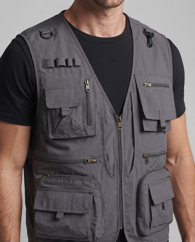Herren Multifunktionale Angler- und Outdoorweste mit Netzfutter, vielen Taschen und Karabinerhaltern Shop Nory