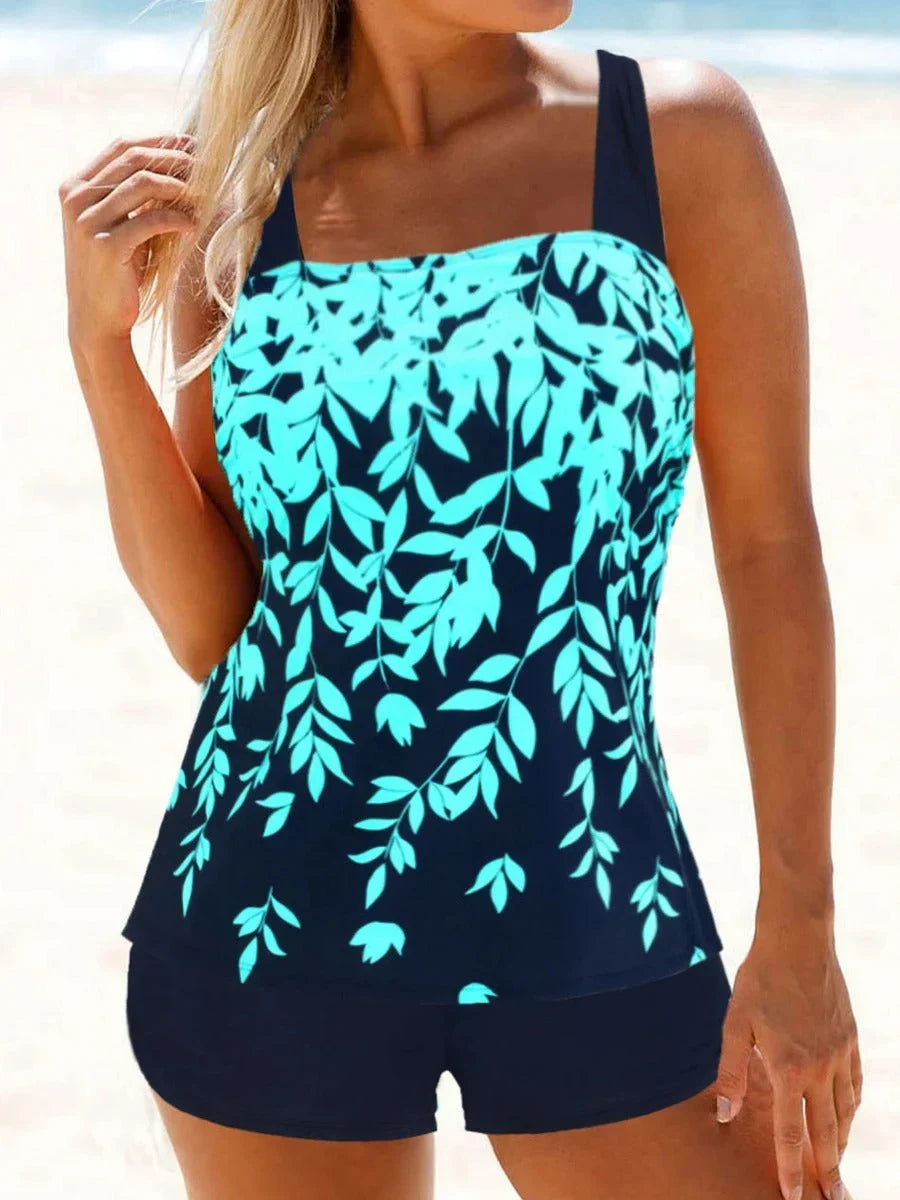 Hochtaillierter Tankini mit Blattdruck