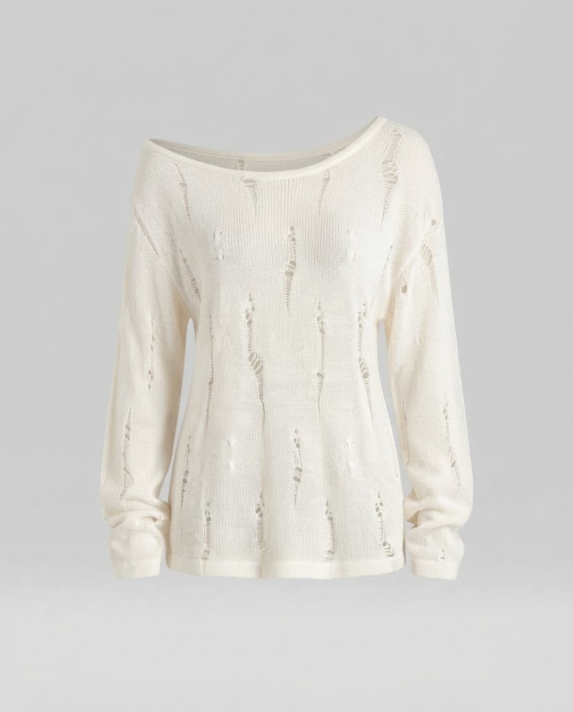 Damen Lässiger Off-Shoulder Feinstrickpullover mit Destroyed‑Optik und weiter Silhouette Shop Nory