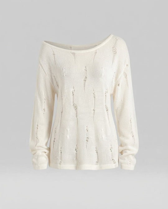 Damen Lässiger Off-Shoulder Feinstrickpullover mit Destroyed‑Optik und weiter Silhouette Shop Nory