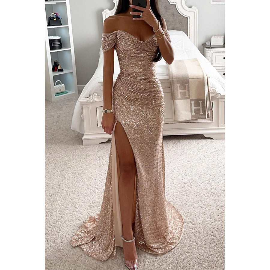 Glitzerndes Damen Abendkleid Schulterfreies Maxikleid mit Schlitz für Hochzeit & Fest | ShopNory