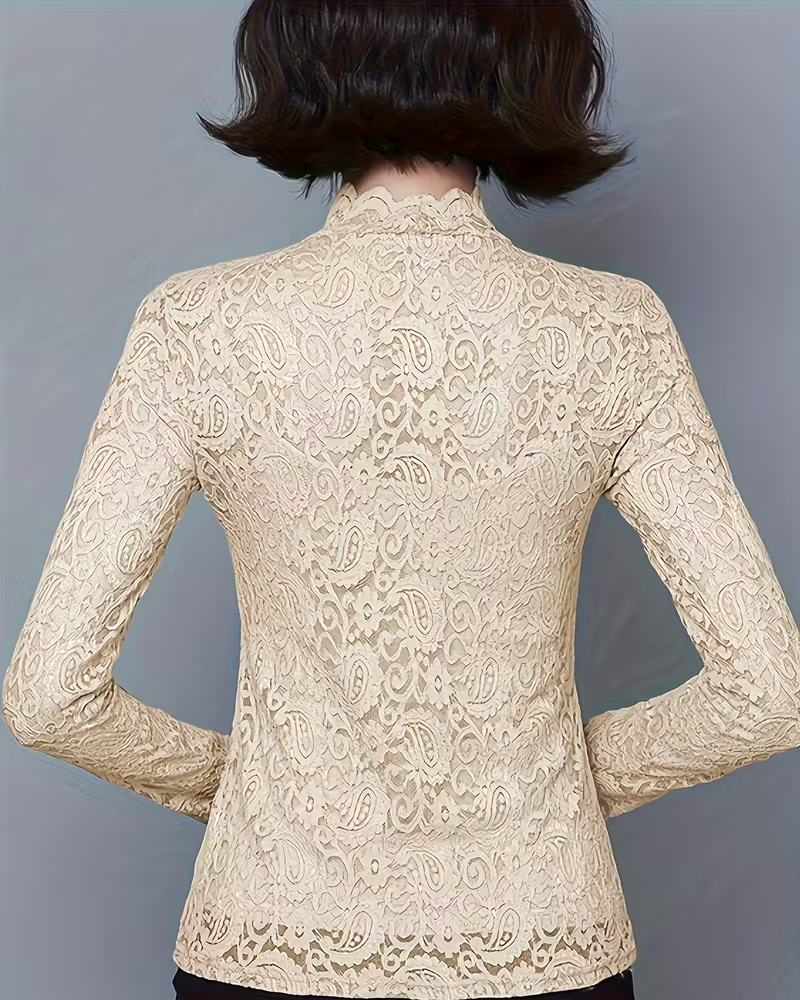 Elegant Unifarben Halbausschnitt Langarm Spitze