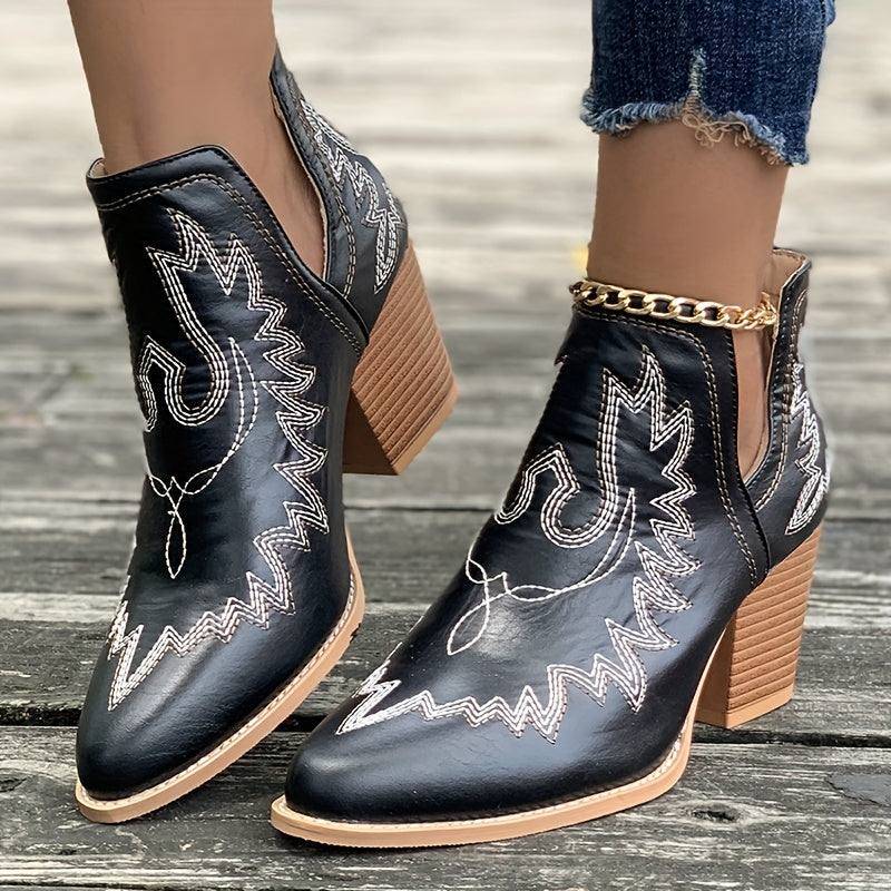 Damen Westernstiefel mit Blockabsatz und Retro-Stickerei