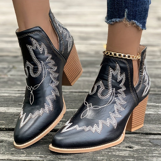 Damen Westernstiefel mit Blockabsatz und Retro-Stickerei