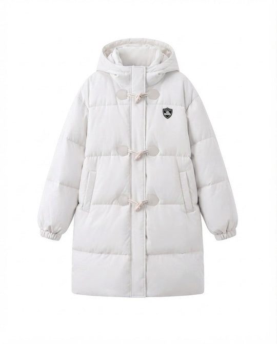 Damen langgeschnittene thermische Pufferjacke mit minimalistischer Knopfleiste, ergonomischem Stehkragen und geräumigen Seitentaschen