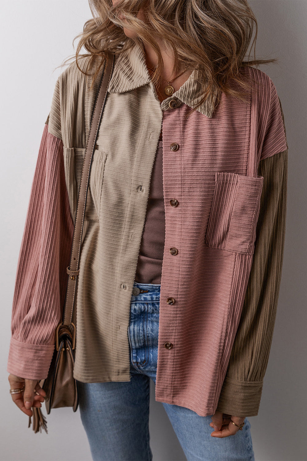 Colorblock Shirtjacke Baumwollmischung Lässig und Trendy