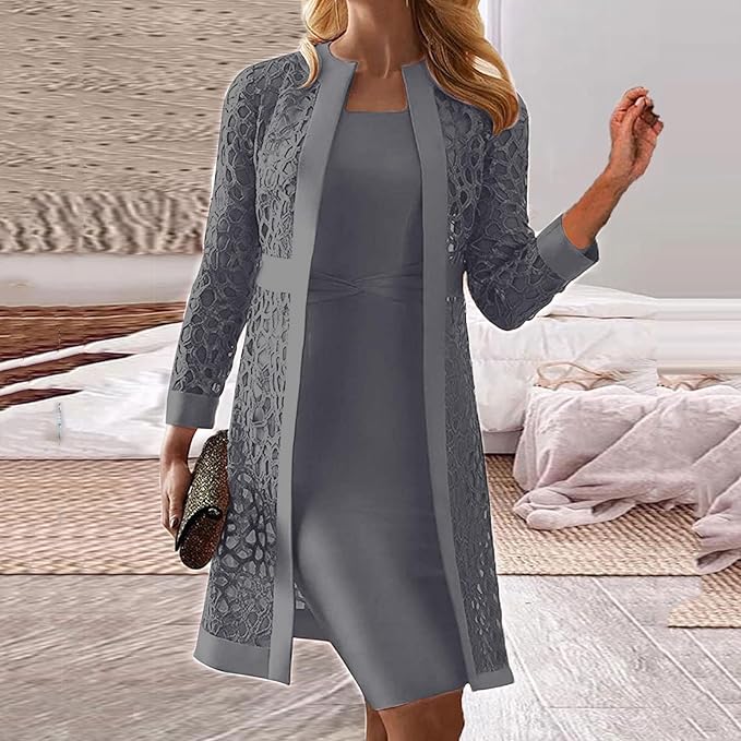 ShopNory Damen 2-teiliges Kleid-Set mit Spitzen-Cardigan