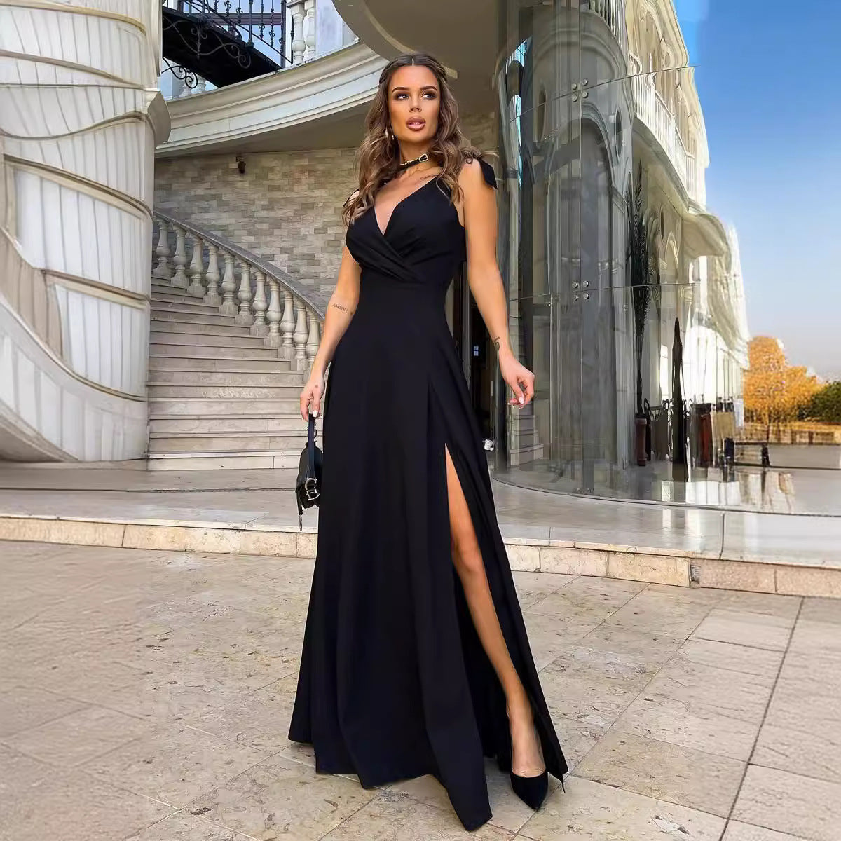 Abendkleid Langer Plissierter Einfarbiger