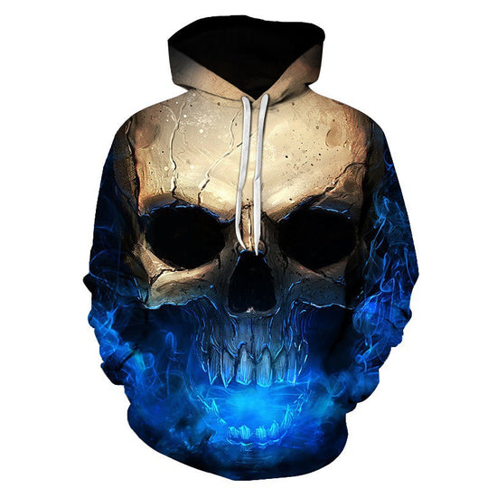 Unisex Kapuzenpullover mit 3D-Schädel-Print & blauem Flammen-Motiv Shop Nory