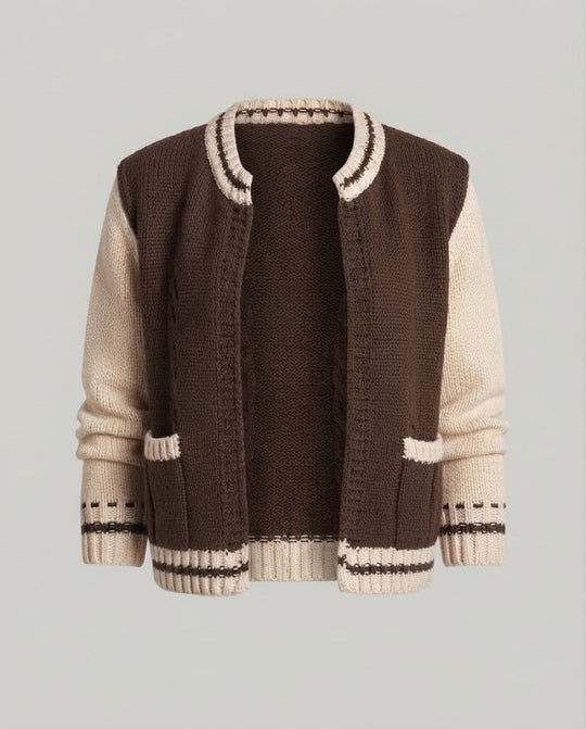 Damen Grobgestrickter Cardigan mit kontrastierendem Häkelkragen und Ballonärmeln Shop Nory