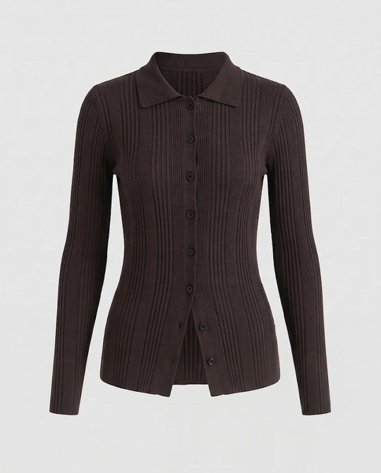 Damen Gerippter Feinstrick-Cardigan mit Hemdkragen und durchgehender Knopfleiste Shop Nory