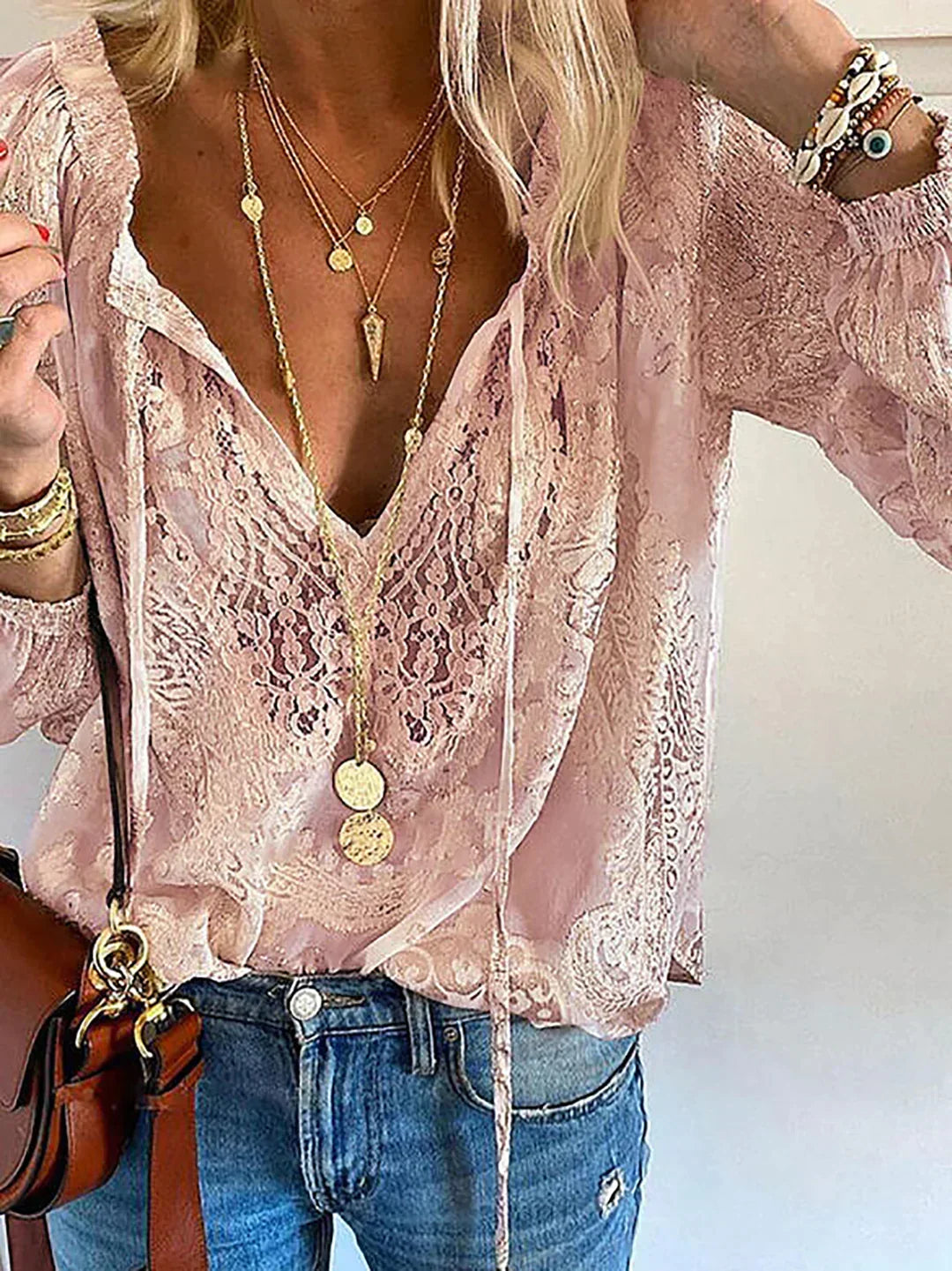 V-Ausschnitt Spitzen Chiffon Bluse