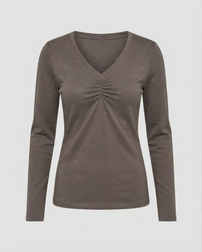 Damen Langärmeliges V-Ausschnitt-Shirt mit Raffung und feiner Jersey-Qualität Shop Nory