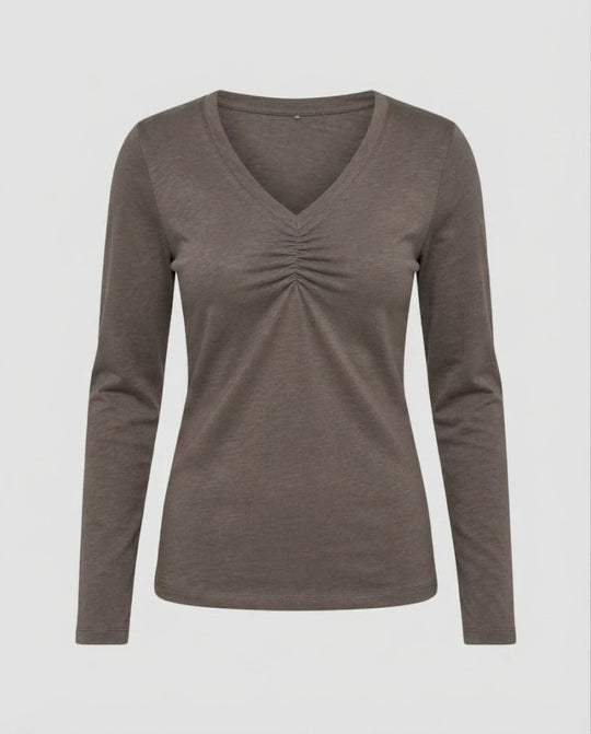 Damen Langärmeliges V-Ausschnitt-Shirt mit Raffung und feiner Jersey-Qualität Shop Nory