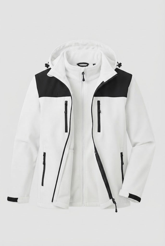 Herren Zwei-Lagen Softshell Outdoor-Jacke mit herausnehmbarer Fleece-Innenjacke und Kapuze Shop Nory