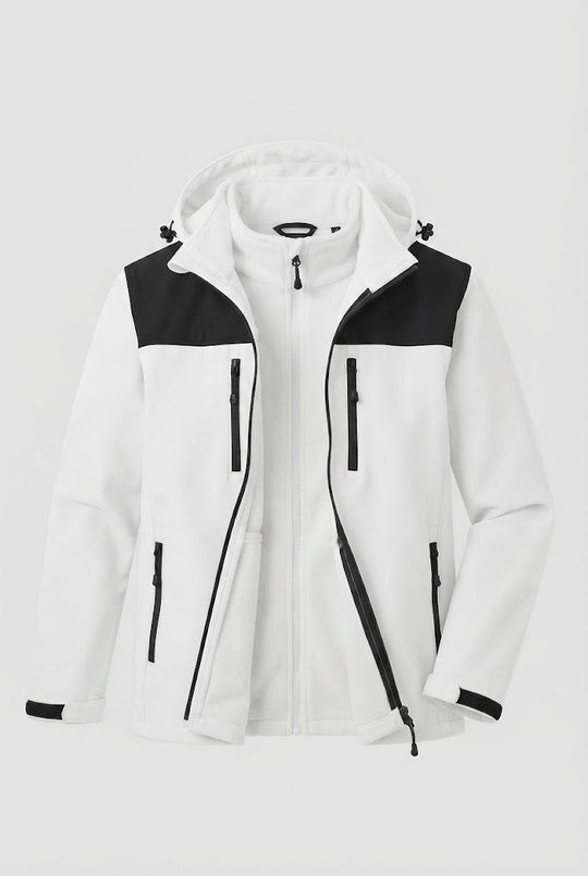 Herren Zwei-Lagen Softshell Outdoor-Jacke mit herausnehmbarer Fleece-Innenjacke und Kapuze Shop Nory