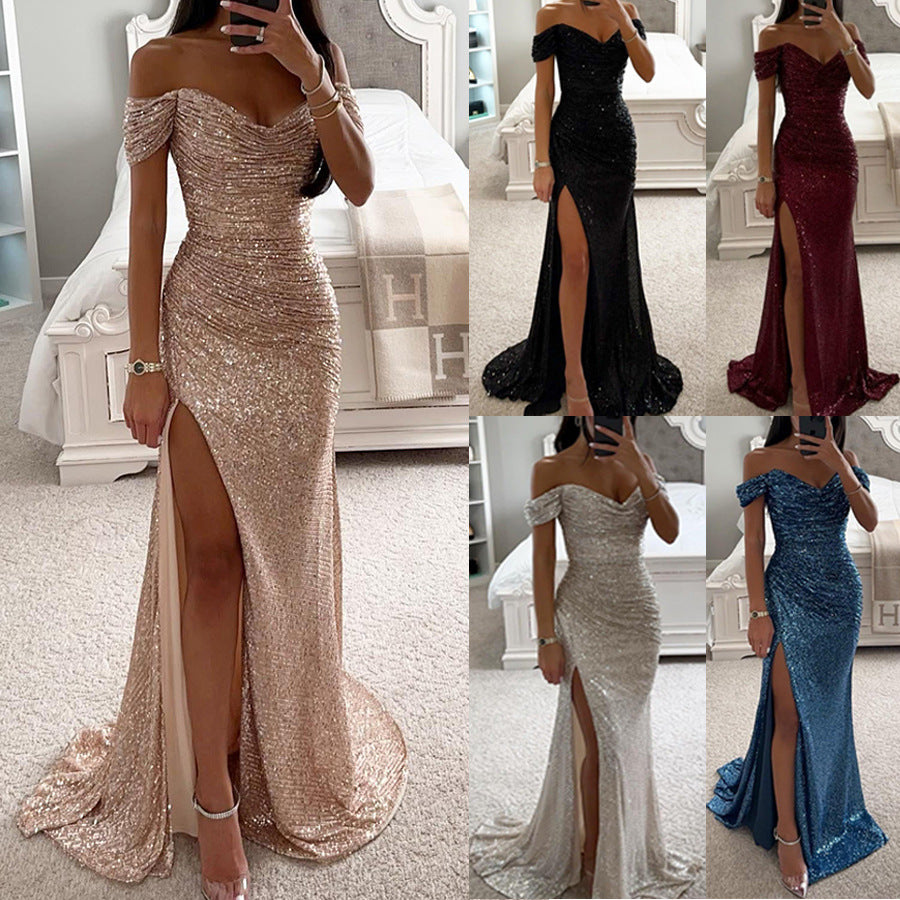 Glitzerndes Damen Abendkleid Schulterfreies Maxikleid mit Schlitz für Hochzeit & Fest | ShopNory