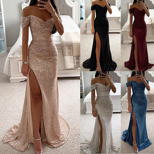 Glitzerndes Damen Abendkleid Schulterfreies Maxikleid mit Schlitz für Hochzeit & Fest | ShopNory