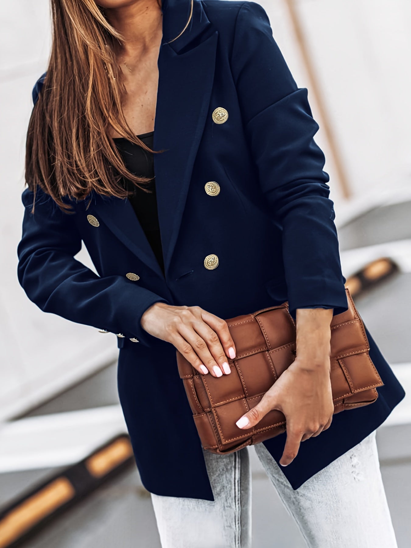 Lange Elegante Damenblazer Mit Doppelter Knopfleiste