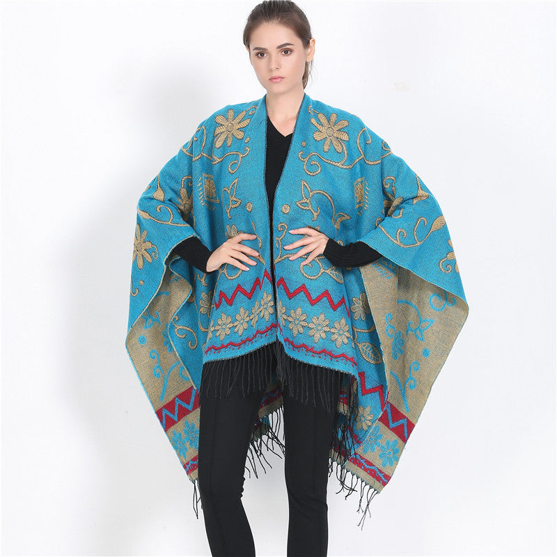 Damen Überwurf‑Ruana mit floraler Jacquard‑Webung und Fransensaum Shop Nory