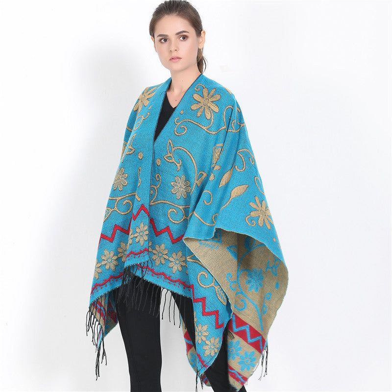 Damen Überwurf‑Ruana mit floraler Jacquard‑Webung und Fransensaum Shop Nory