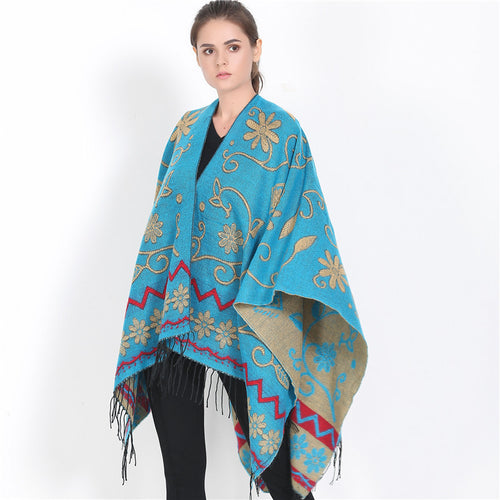 Damen Überwurf‑Ruana mit floraler Jacquard‑Webung und Fransensaum Shop Nory
