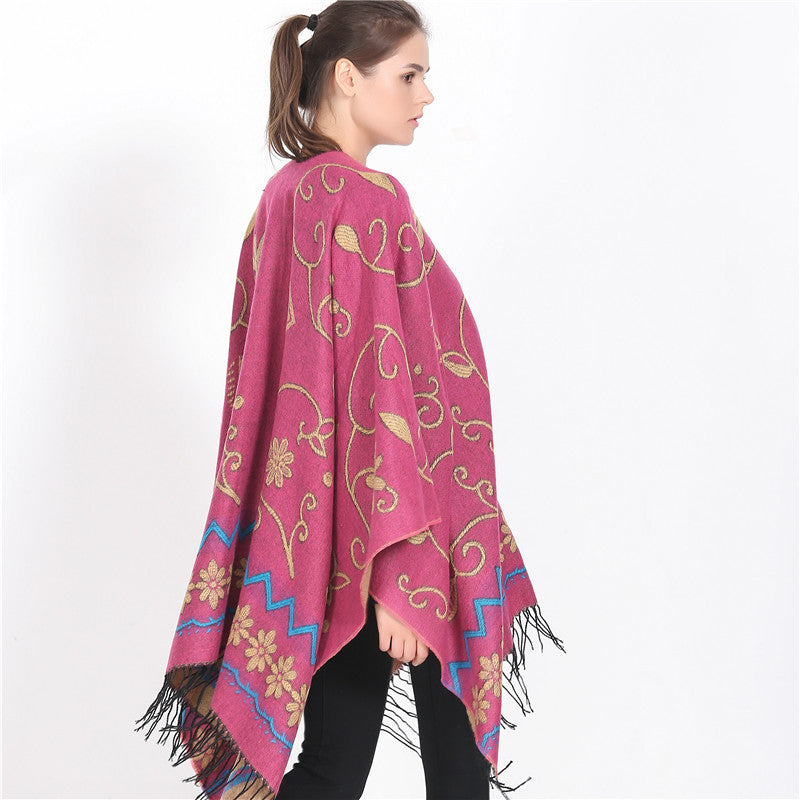 Damen Überwurf‑Ruana mit floraler Jacquard‑Webung und Fransensaum Shop Nory