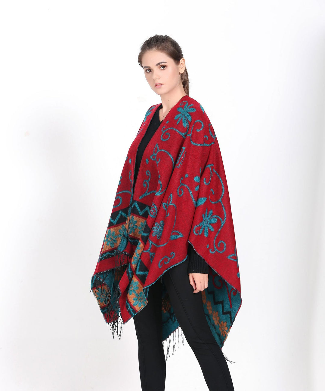 Damen Überwurf‑Ruana mit floraler Jacquard‑Webung und Fransensaum Shop Nory