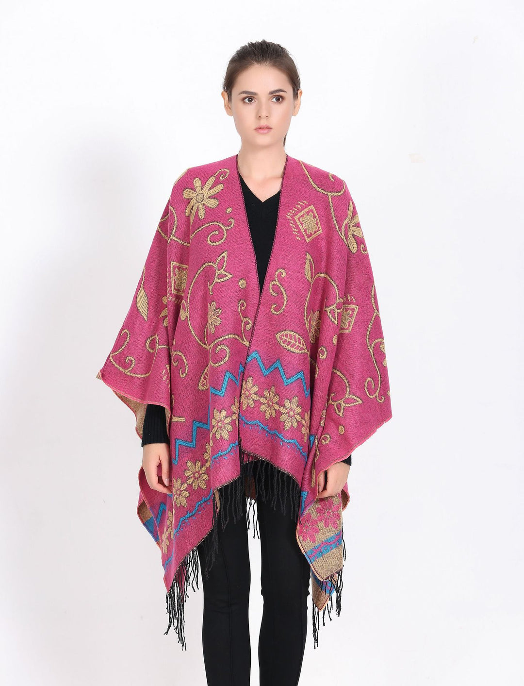 Damen Überwurf‑Ruana mit floraler Jacquard‑Webung und Fransensaum Shop Nory