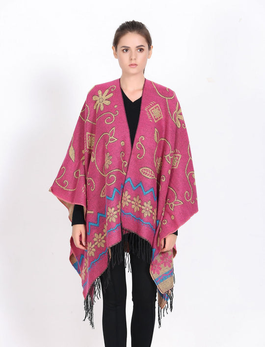Damen Überwurf‑Ruana mit floraler Jacquard‑Webung und Fransensaum Shop Nory