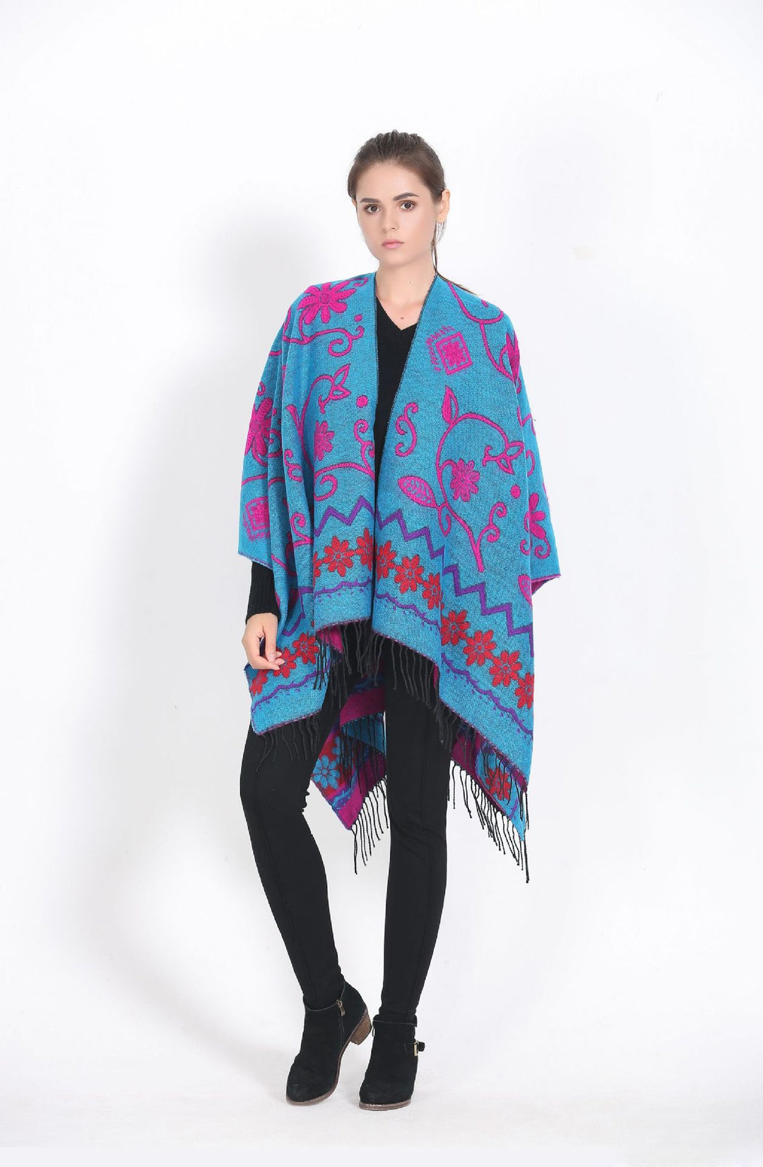 Damen Überwurf‑Ruana mit floraler Jacquard‑Webung und Fransensaum Shop Nory