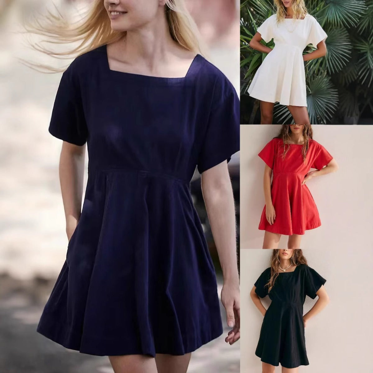 Freizeitkleid mit quadratischem Ausschnitt und Knöpfen