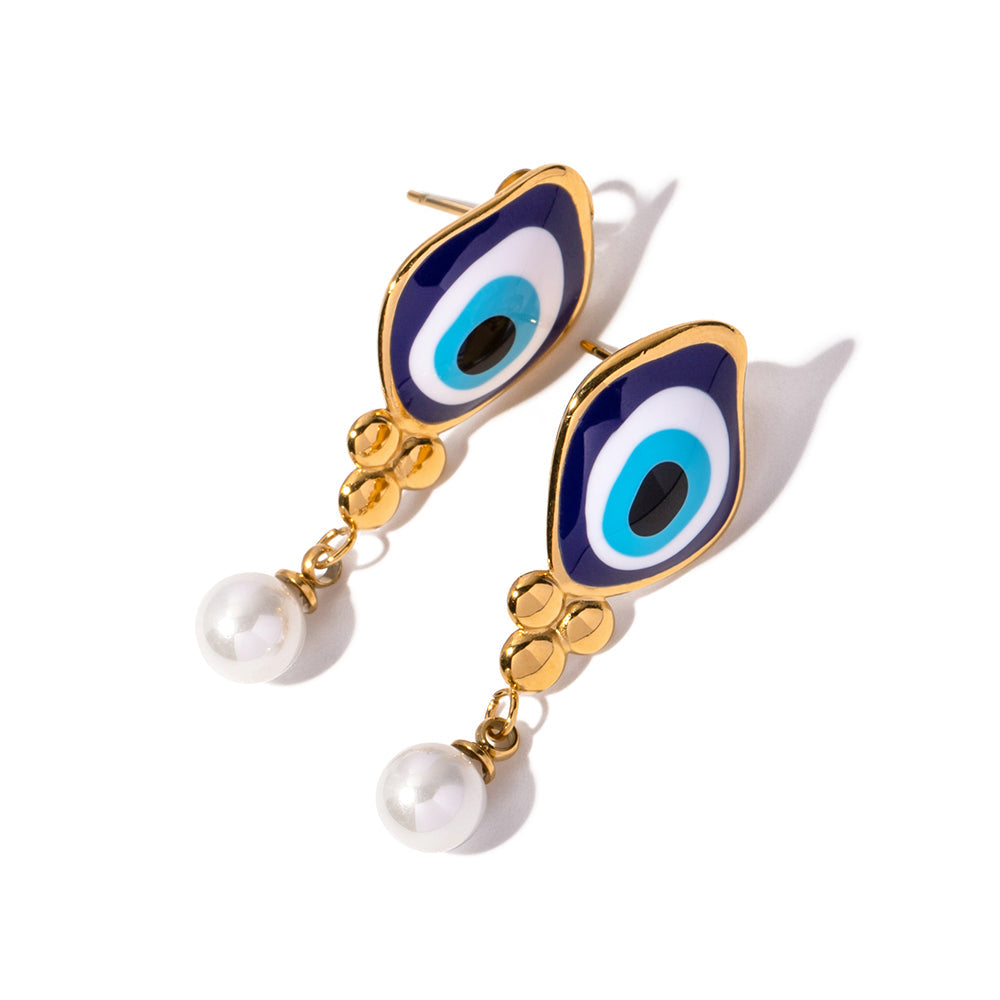 Ohrringe "Naz" Evil Eye mit Perle in Edelstahl - 18k vergoldet | Shop Nory