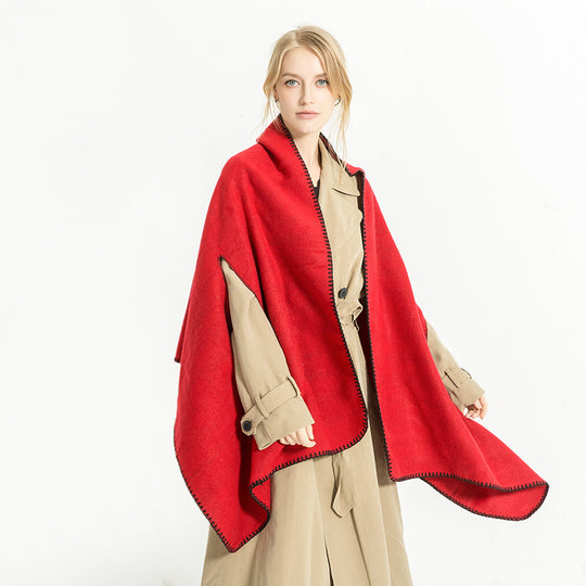 Damen Übergroßer Ruana-Poncho mit Armausschnitten und kontrastierender Kettelnaht Shop Nory