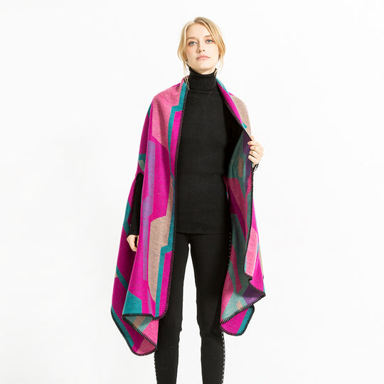 Damen Geometrischer Jacquard‑Überwurf im Ruana‑Stil mit Kapuze Shop Nory