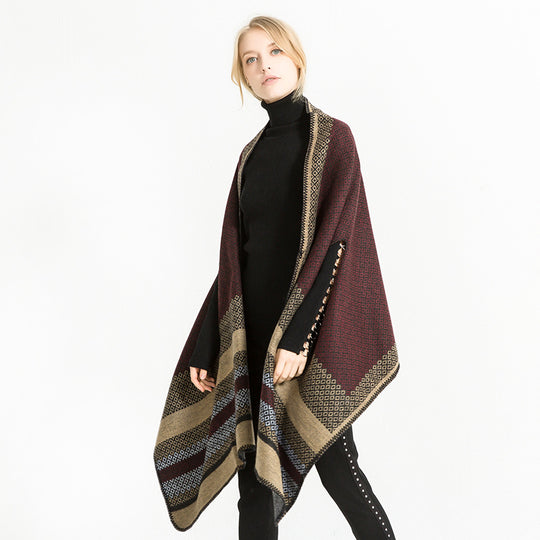 Damen Weicher Jacquard‑Ruana‑Überwurf mit Ethno‑Bordüre und offenem Oversize‑Fall Shop Nory