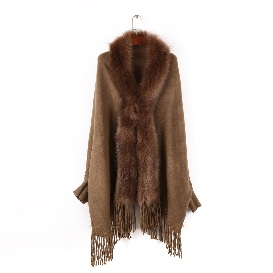 Damen Poncho mit Kunstpelzkragen und Fransen Shop Nory