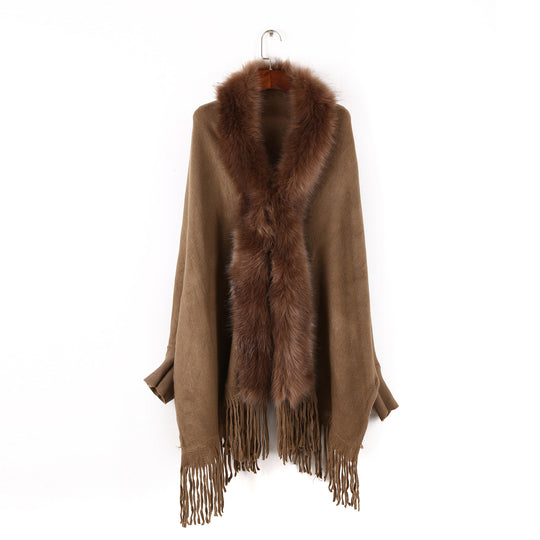 Damen Poncho mit Kunstpelzkragen und Fransen Shop Nory