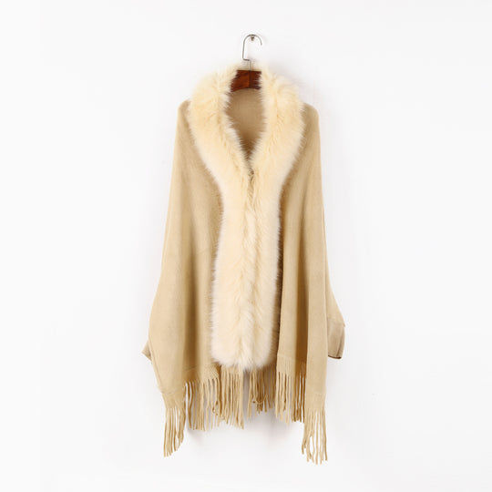 Damen Poncho mit Kunstpelzkragen und Fransen Shop Nory