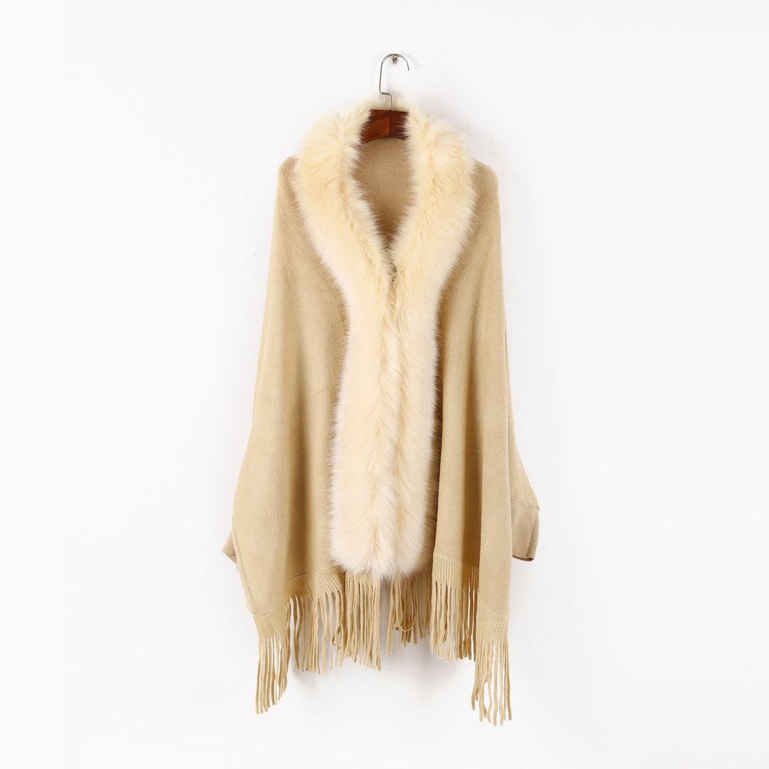 Damen Poncho mit Kunstfellkragen und Fransensaum Shop Nory