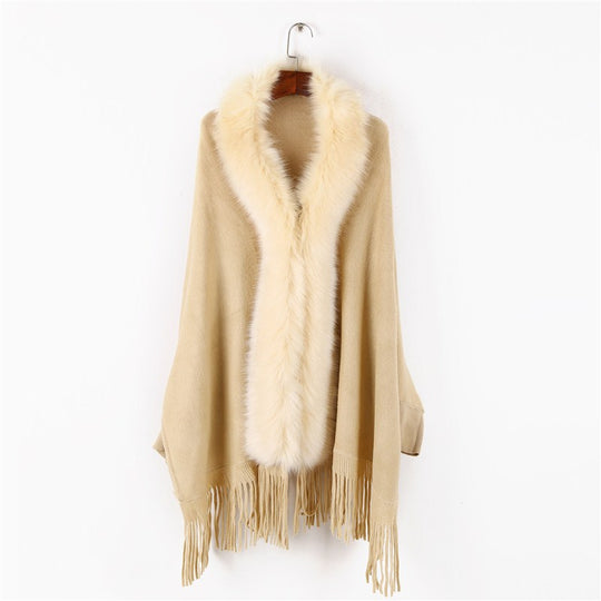 Damen Poncho mit Kunstfellkragen und Fransensaum Shop Nory