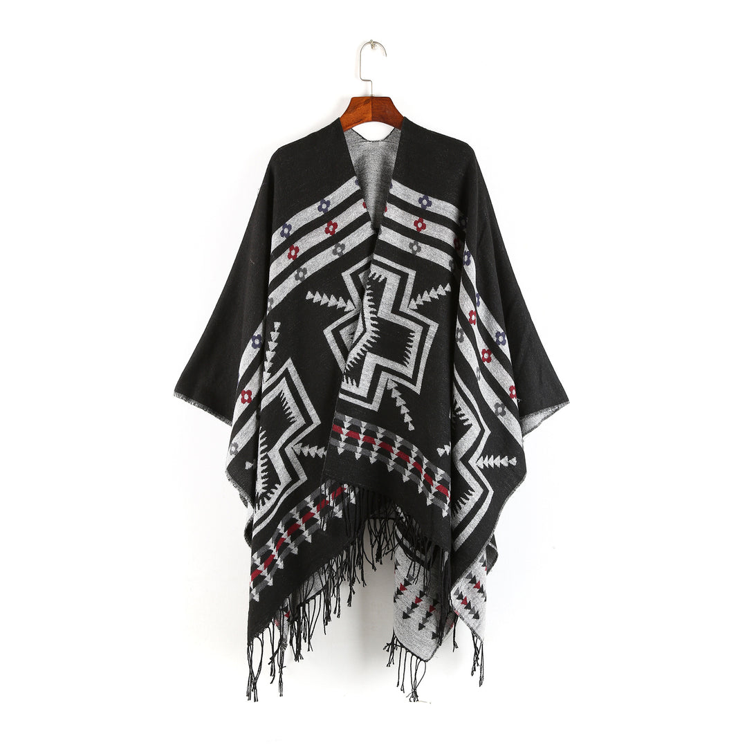 Damen Oversize-Poncho im Ruana-Stil mit Ethno-Jacquard und Fransensaum Shop Nory